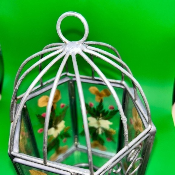 Vintage Glass Pressed Flowers Bird Cage Votive Candle Holder - Picture 6 of 7